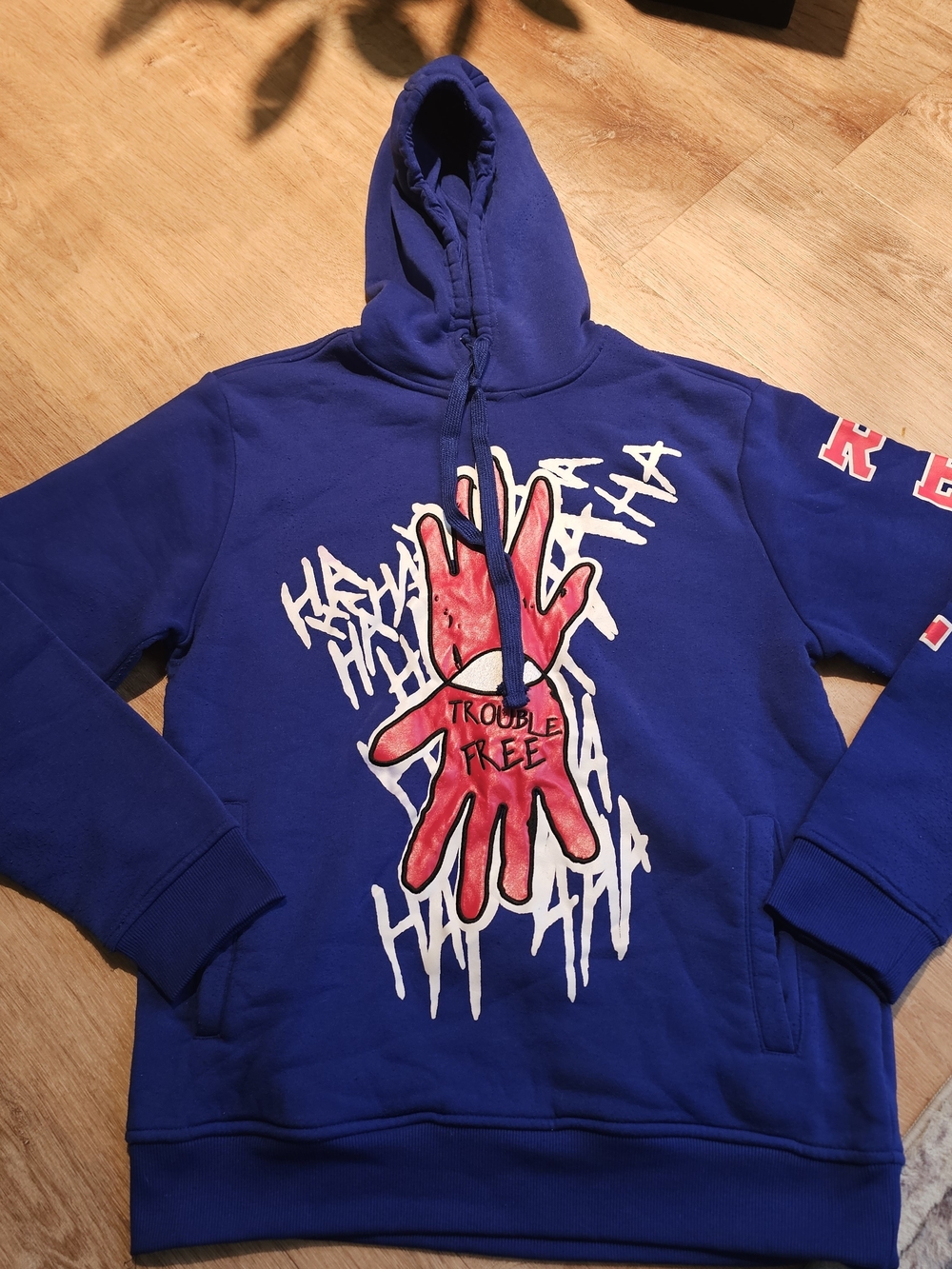 Rebel Minds "Trouble Free" Graphic Streetwear Hoodie in royal blue Mens Large